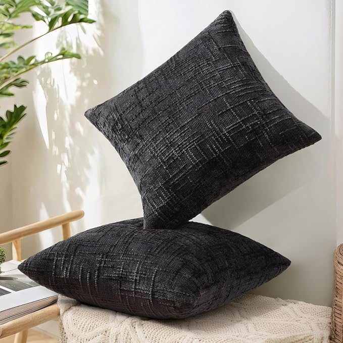 decorUhome Textured Chenille Throw Pillow Covers 20x20 Set of 2 Black | Fall Modern Farmhouse Soft Cozy Slubby Couch Pillow Cases Boho Decorative Pillow Cases for Bed Sofa Living Room Home Decor