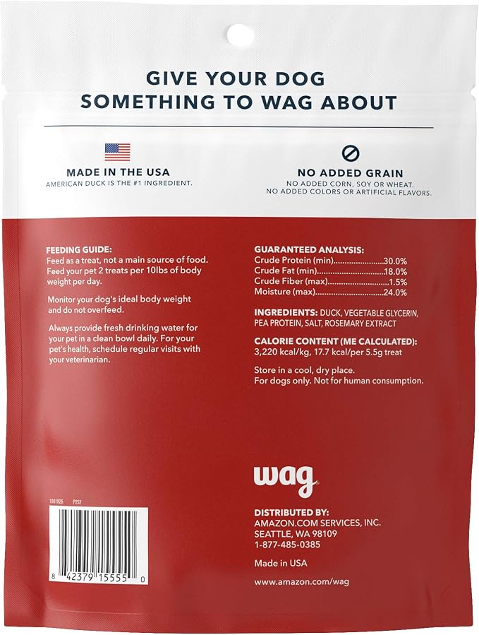 Amazon Brand - Wag Soft & Tender American Jerky Dog Treats – Duck Bites, 16 Ounce (Pack of 2)