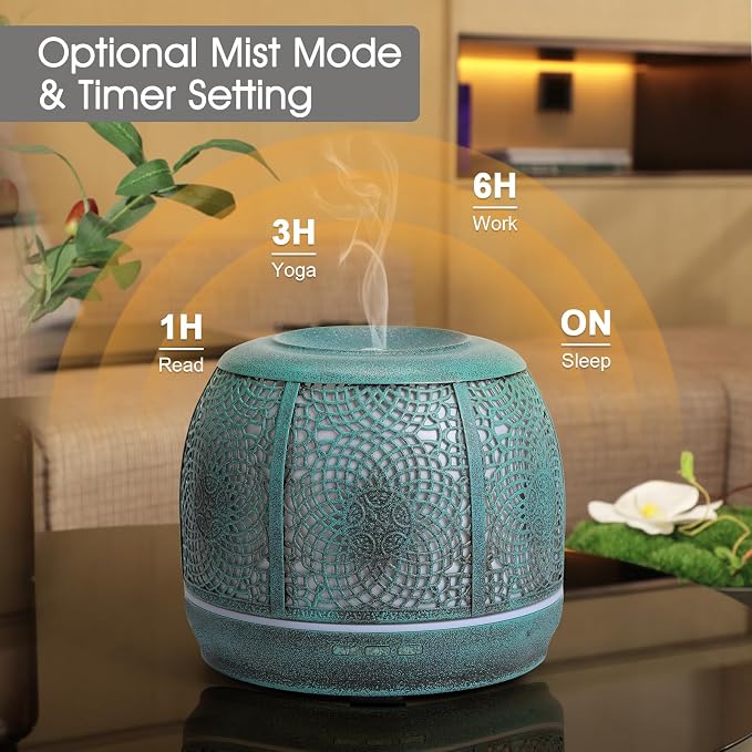 Large Essential Oil Aromatherapy Diffuser for Home Bedroom Metal Hollow Decorative Room Ultrasonic Air Scent Mist Aroma Diffuser 500ML Defusers -Green Copper