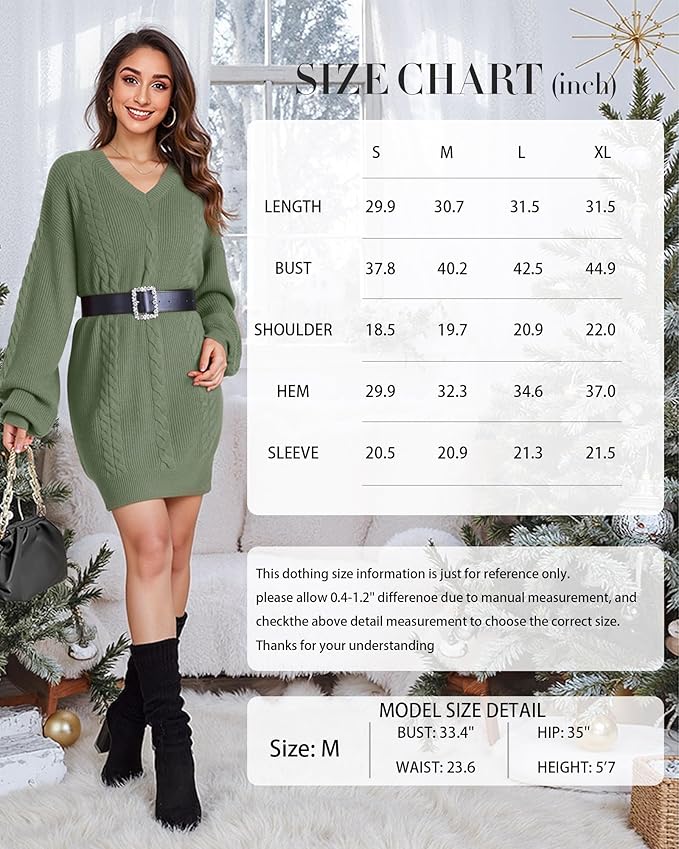 Women's Pullovers Jumper Sweaters Lantern Sleeve Casual V Neck Fall Knit Mini Sweater Dresses