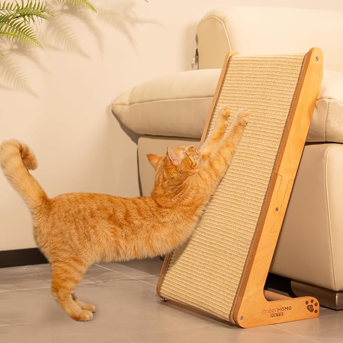 Sisal Cat Scratcher Ramp for Indoor L-Shape Solid Wooden | Vertical Cat Scratching Post. Natural Sisal Cat Scratch Pad. Sturdy Beech Frame. Moisture-Resistant Cat Furniture