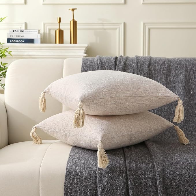 Decorative Throw Pillow with Tassels, 18x18 Farmhouse Pillows with Inserts, Square Boho Pillow for Couch, Patio, Bed, Sofa Decor (Light Beige, 18" x 18"(Pack of 2))