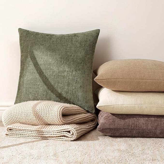 MIULEE Textured Chenille Throw Pillow Covers 20x20 Inch Olive Green | Pack of 2 Decorative Soft Throw Pillows, Solid Textured Cushion Covers, Modern Home Decor for Couch Sofa Bedroom Living Room