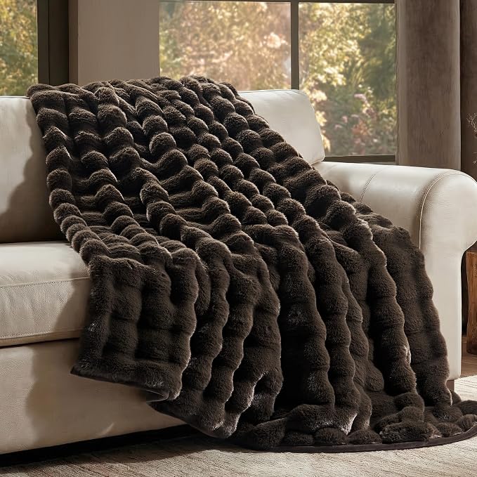Faux Rabbit Fur Bubble Throw Blanket, 60"x80", Dark Brown | Ultra Soft, Luxury Faux Rabbit Fur Throw, Thick Warm Bubble Blanket, Cozy Fluffy Reversible, for Bed, Couch, Chair, Sofa