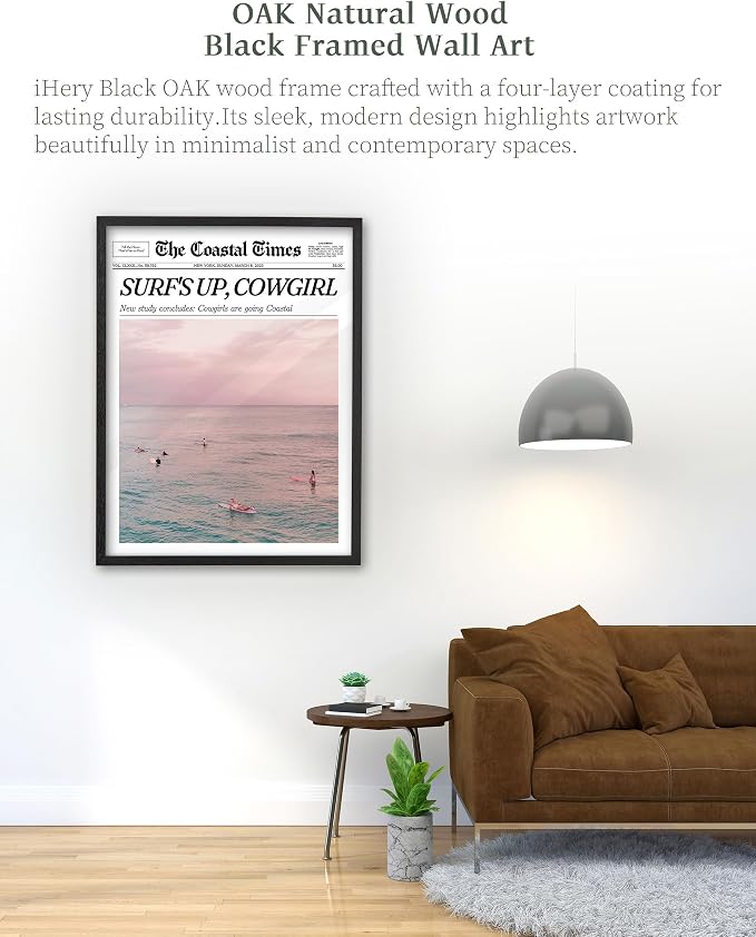 iHery 12x16in Surf’s Up Cowgirl Black Framed Newspaper Wall Art | Premium Black Natural OAK Wood Frame with Canvas Print, Coastal Cowgirl Decor for Bedroom, Dorm, Living Room 1Pack
