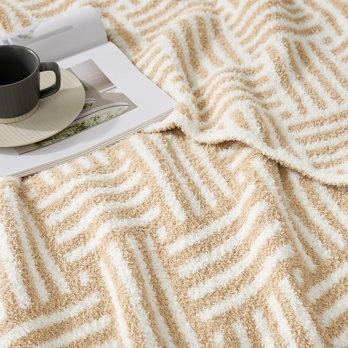 Snuggle Sac Ultra Soft Boho Throw Blanket for Couch Sofa Bed 50x60 inches, Reversible Beige Striped Blanket Microfiber Fluffy Fuzzy Cozy Knit Soft Throws Birthday Gifts for Women