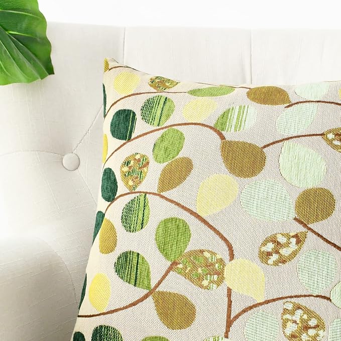 CaliTime Decorative Throw Pillow Covers 20 X 20 Inches Ecru Green | Luxury Chenille Cute Leaves Cushion Case Shell for Couch Sofa Bed Living Room Home