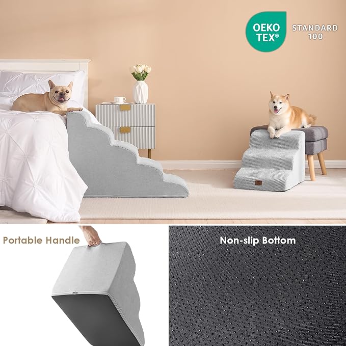 EHEYCIGA Curved Dog Stairs Ramp, 5-Step High Beds, 22.6" H Pet Step | 33D density of pure foam, for Small Dogs and Cats, Pet Stairs for High Bed Climbing, Non-Slip Balanced Indoor, Light Grey