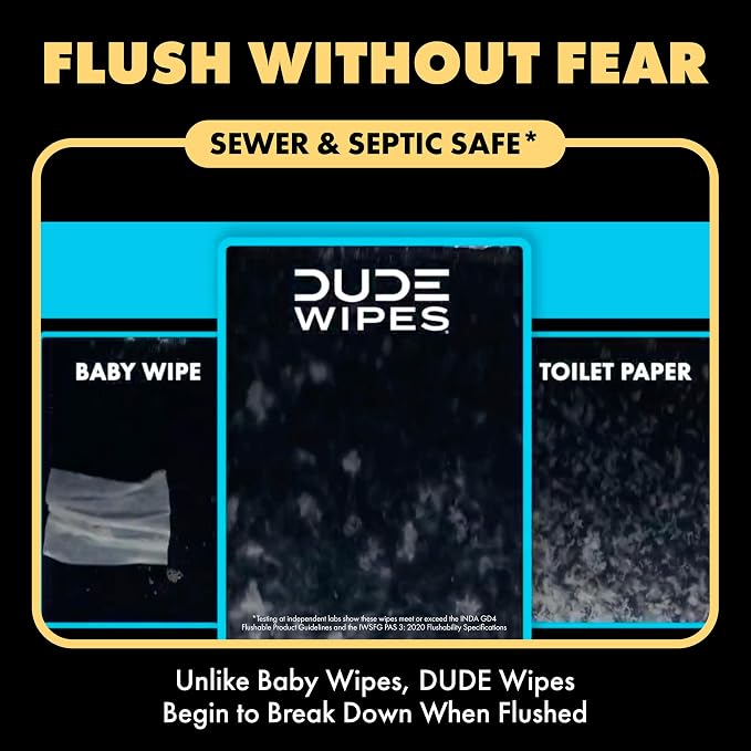DUDE Wipes Shea BUTTer Flushable Wipes - Extra-Large Adult Wet Wipes - 6 Pack (288 Count) - Infused with Coconut Oil, Vitamin E, and Aloe - Septic and Sewer Safe
