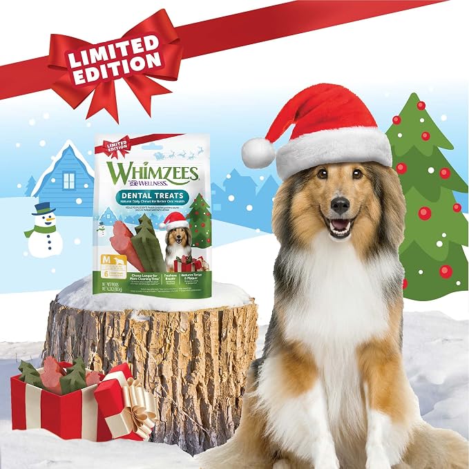 Wellness WHIMZEES Holiday Natural Dog Dental Treat, Christmas Winter Seasonal Gift, Chews, Freshens Breath, Medium Size, 6.3 oz Bag, 6 Count