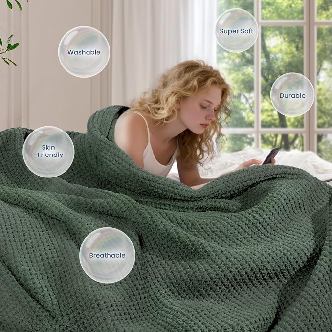 Waffle Knit Throw Blanket for Couch, Soft Cozy Chunky Knit Thick Knitted Blanket for Sofa, Bed, Gift for Women Girls Home Decor (Sage, Throw 50"x60")