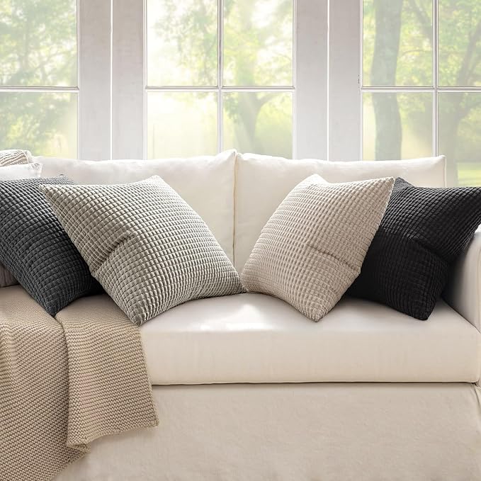 MIULEE Neutral Cream/Grey Decorative Pillow Covers 18x18 Inch Set of 4 | Boho Western Farmhouse Throw Pillows, Industrial Corduroy Couch Pillowcases, Home Decor for Sofa Living Room Bed