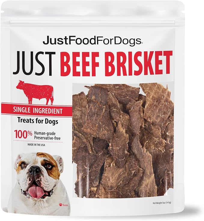 JustFoodForDogs Single Ingredient Healthy Dog Treats and Dog Snacks, Jerky Treats, Human Grade, Preservative and Grain Free, Rawhide Free Chews, Low Calorie Treat - Beef Brisket, 5 oz | Human Grade Beef Treats for Dogs, Jerky Dog Snacks, Preservative &...