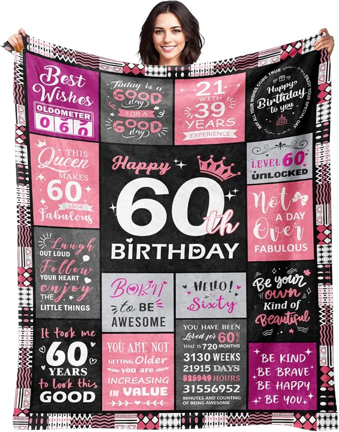 Happy 60th Birthday Gifts for Women, 60th Birthday Blanket for Women 50x60 | 60th Birthday Decorations for Women, 60 Year Old Birthday Gifts for Women, 1966 60Th Birthday Gift for Sister, Friend, Mom