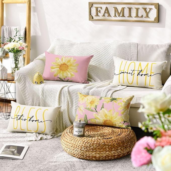 AVOIN colorlife Home Sweet Home Spring Summer Flowers Pink Throw Pillow Covers, 12 x 20 Inch White Cushion Case for Sofa Couch Set of 4
