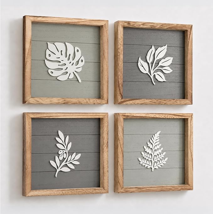 Tide and Tales Leaves of Meaning 3D Botanical Wall Art (Set of 4) Framed Boho Wall Art for Living Room, Bedroom & Bathroom, House Warming Gifts for New Home, Leaf Farmhouse Home Decor 10"x10"