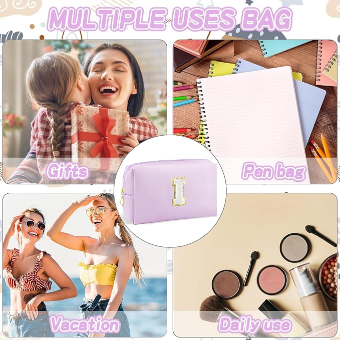 URSKYTOUS Gifts for Girls Initial Makeup Bag Personalized Cosmetic Bag with Zipper Cute Travel Toiletry Bag Waterproof PU Preppy Makeup Pouch Birthday Gift for Teen Girls Women(Purple I)