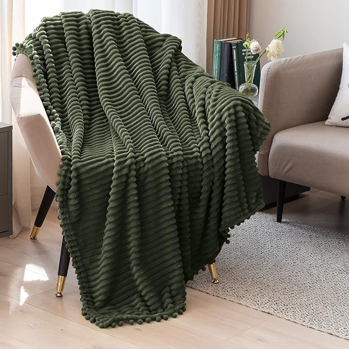 DISSA Fleece Blanket Twin Size – 60x80, Olive Green – Soft, Plush, Fluffy, Fuzzy, Warm, Cozy – Perfect Throw for Couch, Bed, Sofa - with Pompom Fringe - Flannel Blanket Throw Blanket
