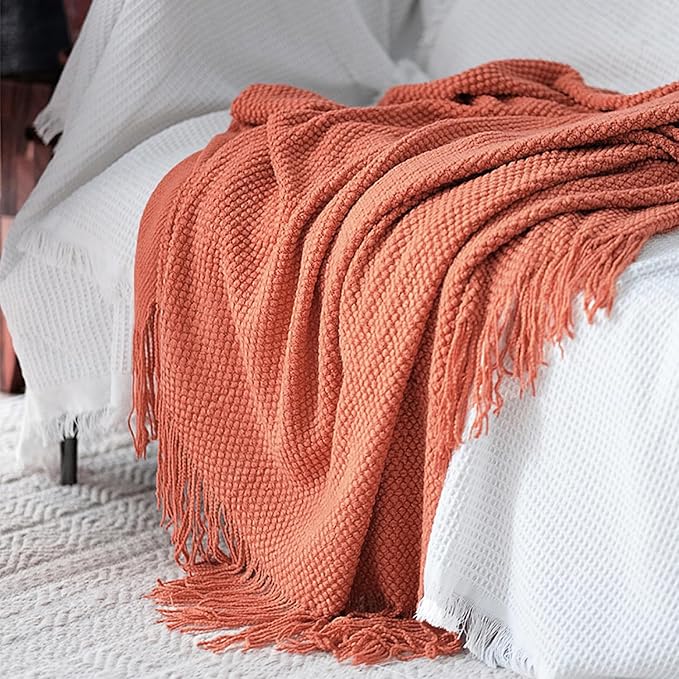 LOMAO Knitted Throw Blanket with Tassels Bubble Textured Lightweight Throws for Couch Cover Home Decor (Coral, 50x60)
