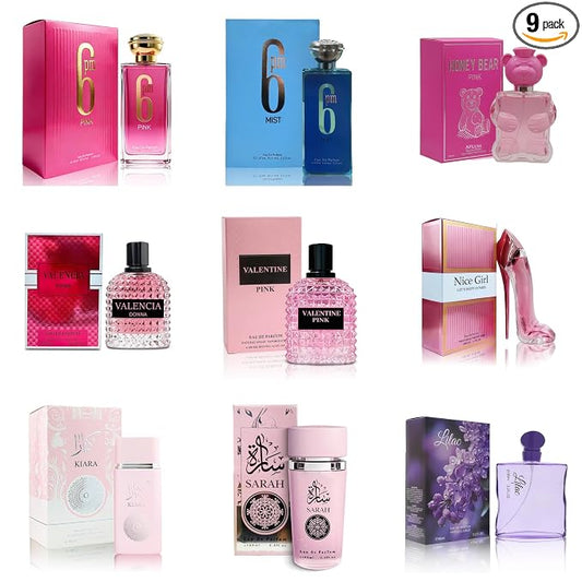 AFLUXE Women's Perfume Sampler Set - 9 x 100ml Full-Size Luxury Fragrances | Floral, Fruity, Gourmand & Woody Scents | Gift Ready Collection for Her(9PCS Combo-8)
