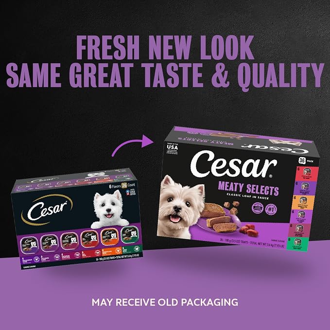 Cesar Classic Loaf in Sauce Wet Dog Food, Meaty Selects, 3.5 oz, 36 Count | Made in USA, Real meat #1 ingredient, no fillers or artificial flavors, formulated without grains, easy peel trays