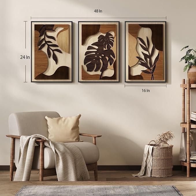 Framed Wood 3D Boho Textured Wall Art Bedroom, 3 Piece Tropical Botanical Carved Wooden Artwork for Walls, Brown Monstera Leaf Wood Wall Art Decor for Living Room Dining Room Home Office, 16x24 Inch