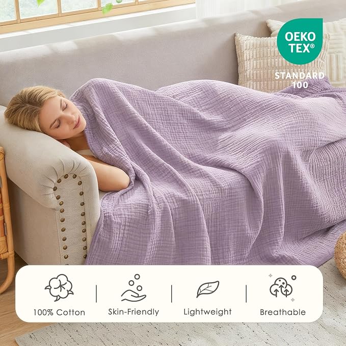 EMME Cotton Muslin Large Throw Blanket Couch Breathable Gauze Soft Lightweight Bed Blankets Adults (Heather Lavender, 50"x70")