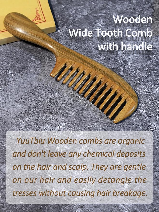 Yuutbiu Green Sandalwood Wide Tooth Hair Comb with Handle - Detangling Brush for Curly/Coily Hair, Split Ends Repair & Gentle Scalp Care (Anti-Static Wooden Design)