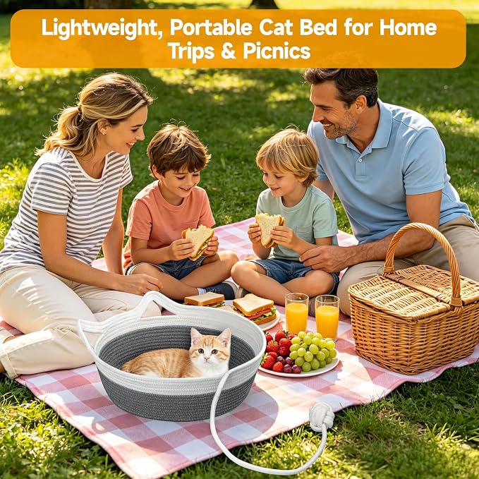Cotton Rope Woven Cat Bed Basket, Cat Beds for Indoor Cats | Hand woven pet bed with toy tail, fits indoor cats, small puppies & rabbits, soft woven sofa sleeping basket for small pets