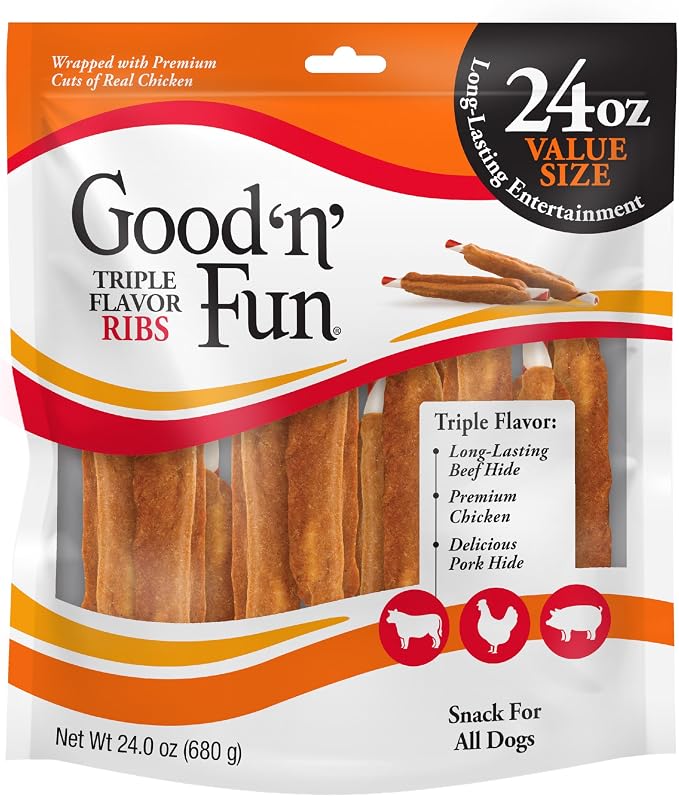 GOOD 'N' FUN Ribs Long-Lasting Dog Treat Made with Real Protein, 24 oz | Premium Chicken, Pork and Beef Hide Chew, Supports Dental Health and Mental Stimulation, For Adult Dogs