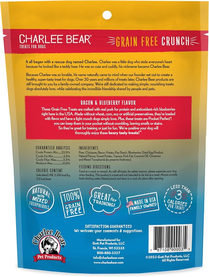 Charlee Bear Grain Free Dog Treats, Bacon & Blueberry, 8 oz | Pocket-sized Dog Training Treats, Crunchy Dog Treats, Limited Ingredient Recipe, Under 3 Calories per Treat, Made in USA