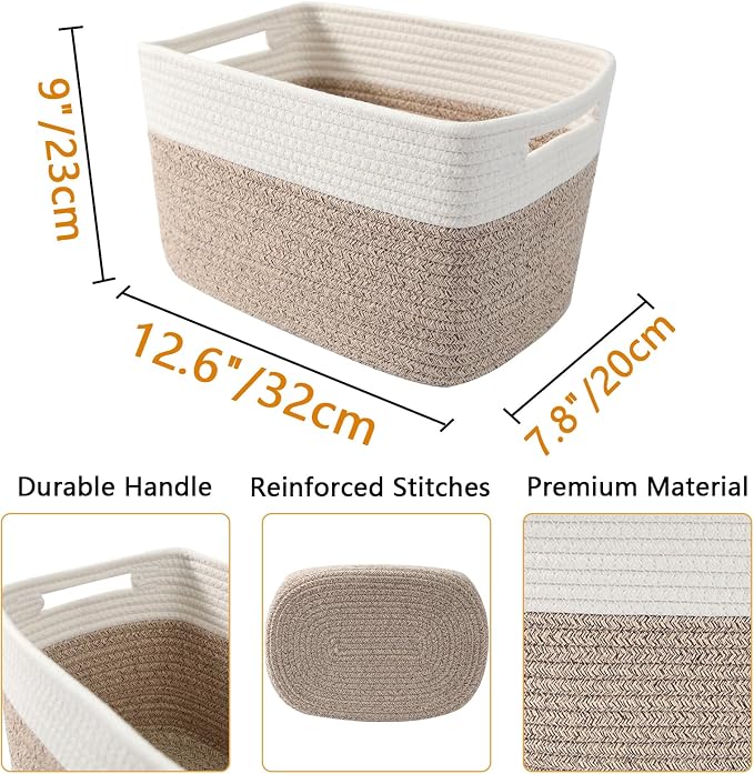 6 Pack Woven Rope Baskets, 12.6"×9"×7.8" Storage Bins, White&Brown | Storage Boxes for Toys, Books, Towels, Clothes, Shelf Baskets Organizer,Empty Gift Baskets for Living Room, Bathroom, Bedroom