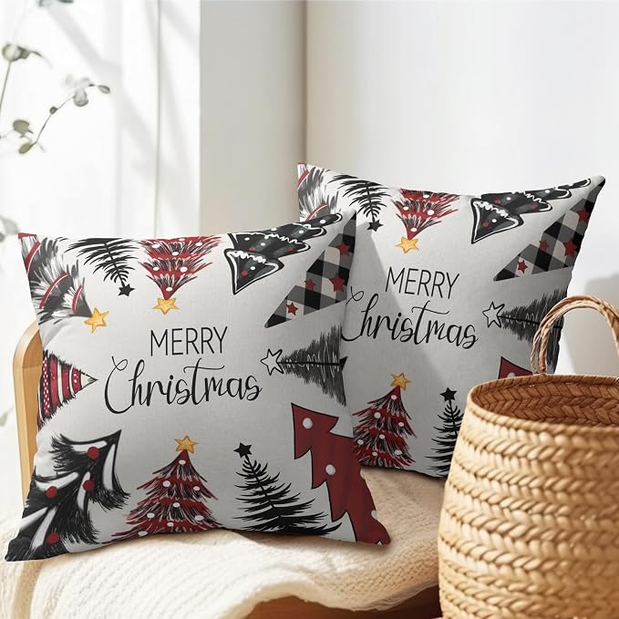 Kawani Merry Christmas Throw Pillow Covers 20x20 Inches, 2 PCS Red Black Buffalo Plaid Xmas Pine Trees Cotton Linen Square Pillowcase Cushion Case for Bed Couch Winter Holiday Home Decor