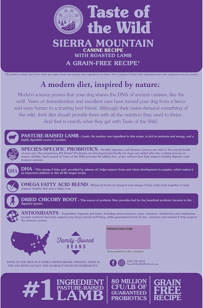 Taste of the Wild Sierra Mountain Dry Dog Food, Roasted Lamb, 28lb | Puppy, Adult & Senior Dogs |Grain Free Recipe* |Nutrient Dense to Help Support Peak Health |Probiotics for Digestive Support