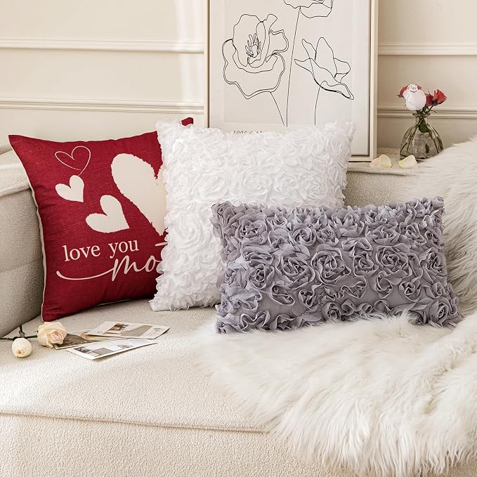 MIULEE Decorative Rose Flower Pillow Cover Pack of 1 Grey 12x20 Inch | Cute Romantic Stereo Chiffon Throw Pillow Cover Aesthetic Solid Pillowcase for Girl Coquette Room Decor Coach Bedroom
