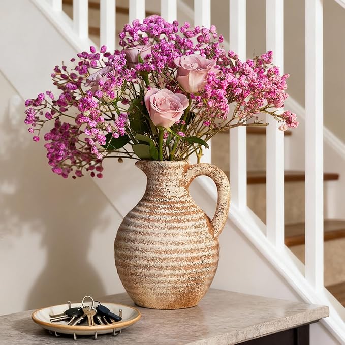 Ceramic Flower Vase Rustic Terracotta Vase with Handles,8 Inch | Neutral Clay Pitcher Antique Vase,Vintage Farmhouse Vases for Home Decor,Living Room,Table