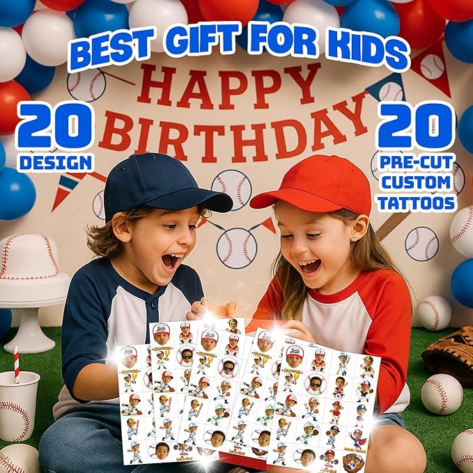 Custom Baseball Temporary Tattoos for Kids - Personalized Pre-Cut Face Photo Tattoos - Fun Birthday Party Favors for Boys, Baseball Fans - Set of 20 Unique Celebration Gifts