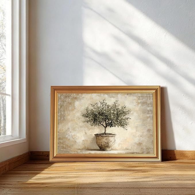 JLTULT Olive Tree Wall Art, Gold Framed Botanical Canvas, 16 x 24 Inches | Potted olive tree art on fade-resistant canvas with a ready-to-hang gold-tone PS frame for kitchens, dining rooms and offices