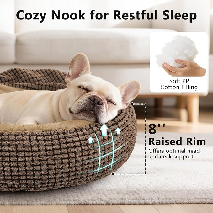 Dog Bed with Attached Blanket for Small Dogs or Cats, Soft Plush Cozy Donut Cuddler Hooded Pet Beds Washable. Round Puppy Bed Orthopedic, Calming Cat Cave Bed. Anti-Slip Bottom 26inch