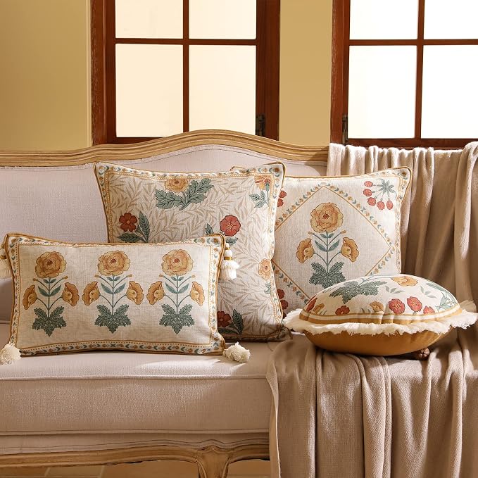 patdrea Vintage Linen Throw Pillow Cover,Diameter 16"-RosaSilvestre E | French Decorative Pillow Case,Yellow Floral Pattern,Cushion Coverfor Couch Living Room Bedroom,Fringe Trim
