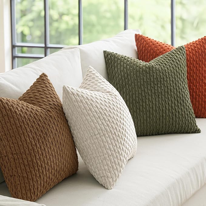 MIULEE Camel Green Decorative Throw Pillow Covers for Couch Living Room 18x18 Inch Soft Pillow Cases Set of 4 Boho Striped Corduroy Farmhouse Cushion Covers Home Decor for Sofa Bed