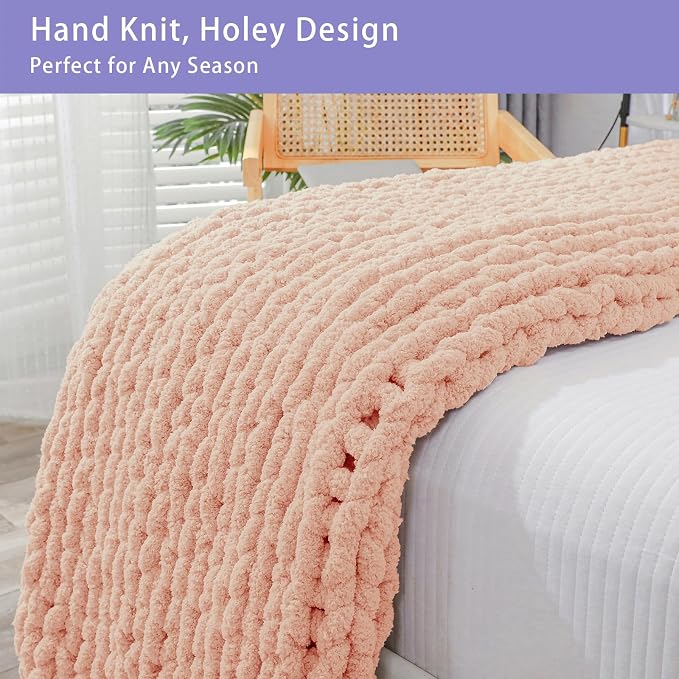 Bigacogo Chunky Knit Throw Blanket for Couch, 51x63 inches, Peach Fuzz | Hand Knit with Jumbo Chenille, Soft Breathable Cable Knit for Sofa Bed Living Room, Machine Washable, Gift for Mom Friend