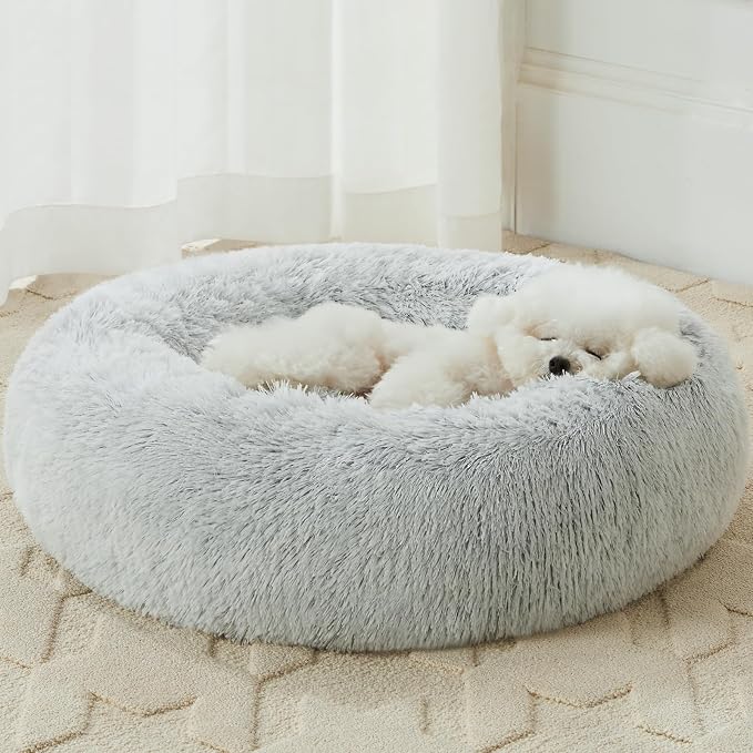 WNPETHOME Small Round Calming Dog Bed Cat Bed for Comfy Sleep | Dog Bed For Small Dog, Cute Washable Puppy Bed with Fuzzy Plush, Fur Anxiety Pet Bed Donut Cuddler (20x20x8in, Light Grey)