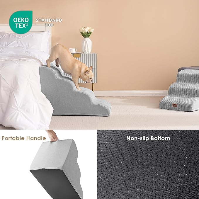 EHEYCIGA Curved Dog Stairs Ramp, 4-Step High Beds, 19.7" H Pet Step | 33D density of pure foam, for Small Dogs and Cats, Pet Stairs for High Bed Climbing, Non-Slip Balanced Indoor, Light Grey