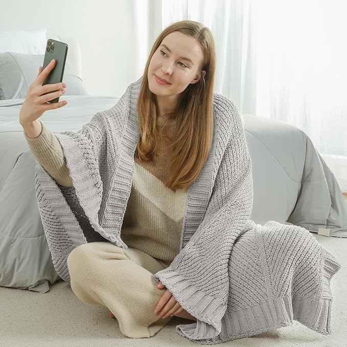 Knit Throw Blanket, Soft Chenille Cozy Breathable Chevron Chunky Decorative Blanket for Couch, Bed & Sofa, French-Inspired Lightweight Warm Gift for Women, Light Gray, 50"x60"