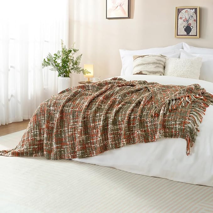 Multi-Color Cable Woven Throw Blanket for Couch - 60"X80" | Multicolored Boho Style,Super Soft Warm Cozy Chunky Blankets with Decorative Tassels for Bed and Sofa,Orange