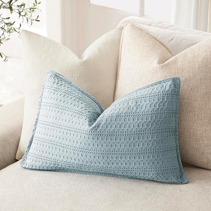 Foindtower Set of 2 Decorative Cotton Waffle Weave Lumbar Throw Pillow Cover Euro Sham Cushion Covers Accent European Pillowcase For Bed Couch Sofa Bedroom Living Room Home Decor 12×20 Inch Light Blue
