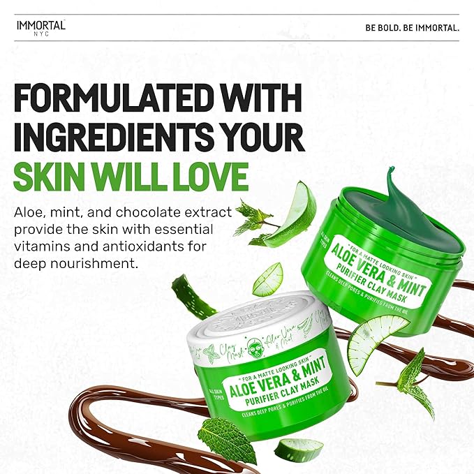 Immortal NYC - Aloe Vera & Mint Purifier Clay Mask – Face Mask for Matte Look Skin, Oil Control, Deep Cleansing & Refreshing Skincare. Great Gifts For Women & Men – 10 oz