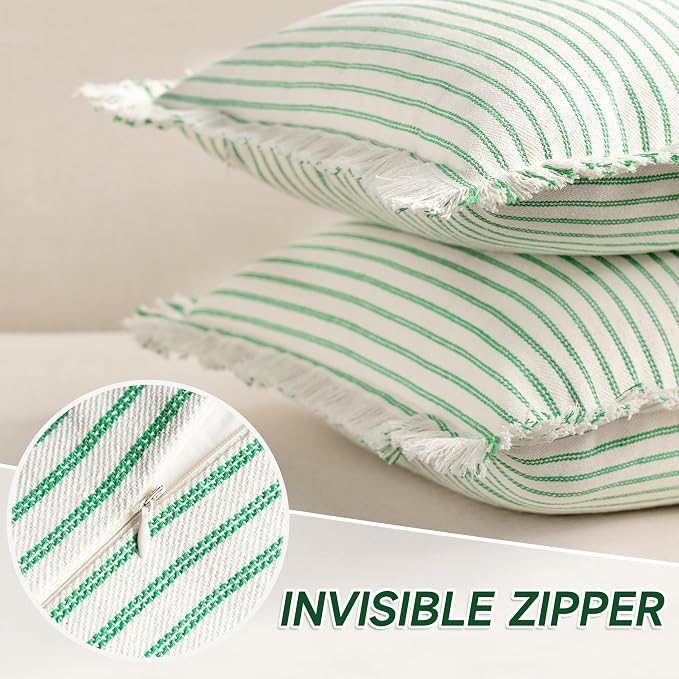 Throw Pillow Covers 18x18 Set of 2 Green Striped Pillow Covers with Fringe Chic Cotton Decorative Pillows Square Cushion Covers for Sofa Couch Bed Living Room Farmhouse Spring Decor