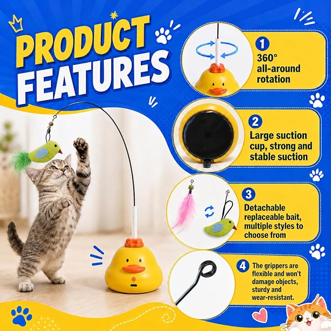Automatic Cat Toys, Interactive Cat Toys for Indoor Cats | 360° Rotating Moving Cat Fishing Pole Toy, 2 Speeds with Bird Sound, 8cm Suction Cup & Weighted Base